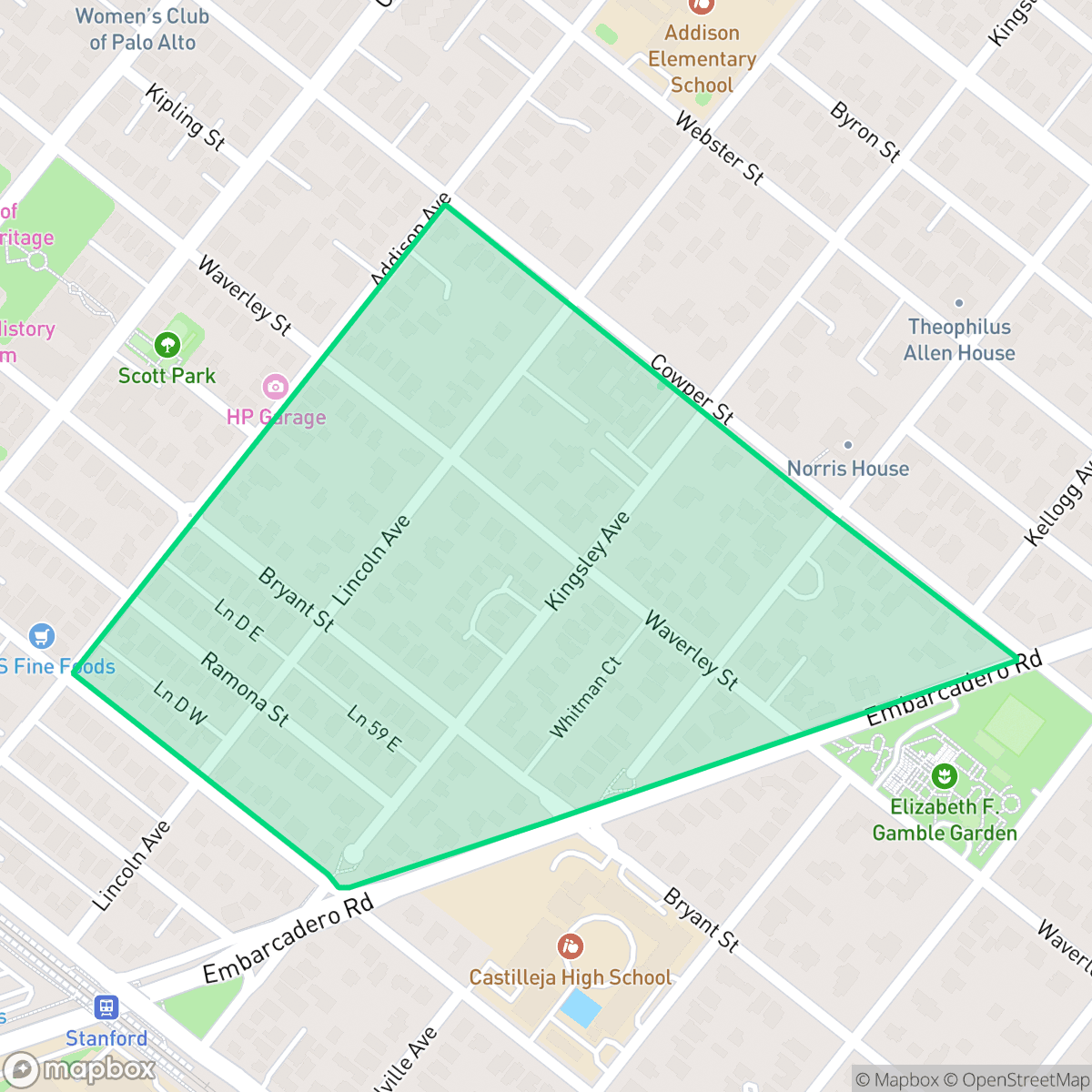 Map showing the location of Professorville, Palo Alto, CA