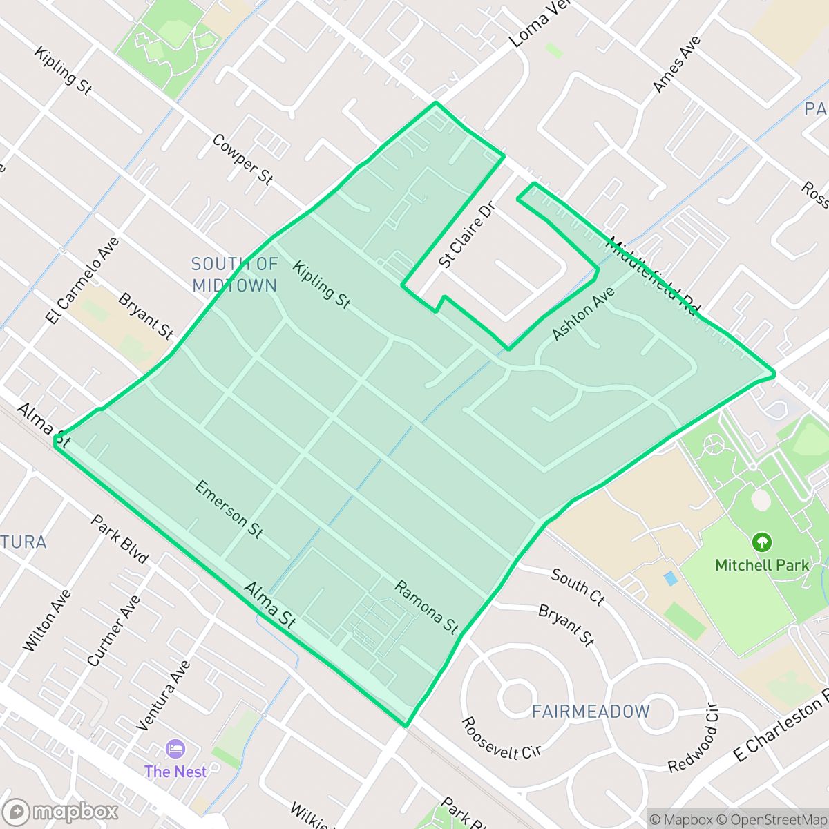 Map showing the location of South of Midtown, Palo Alto, CA