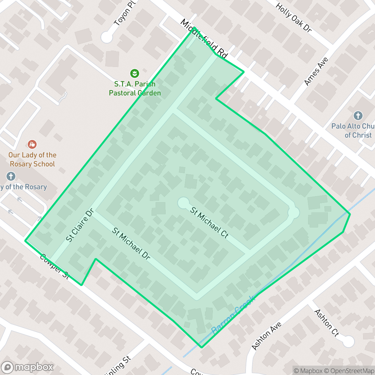 Map showing the location of St. Claire Gardens, Palo Alto, CA