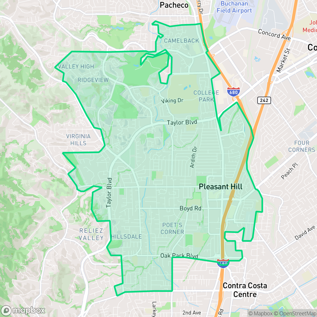 Map showing the location of Pleasant Hill, CA — coverage area