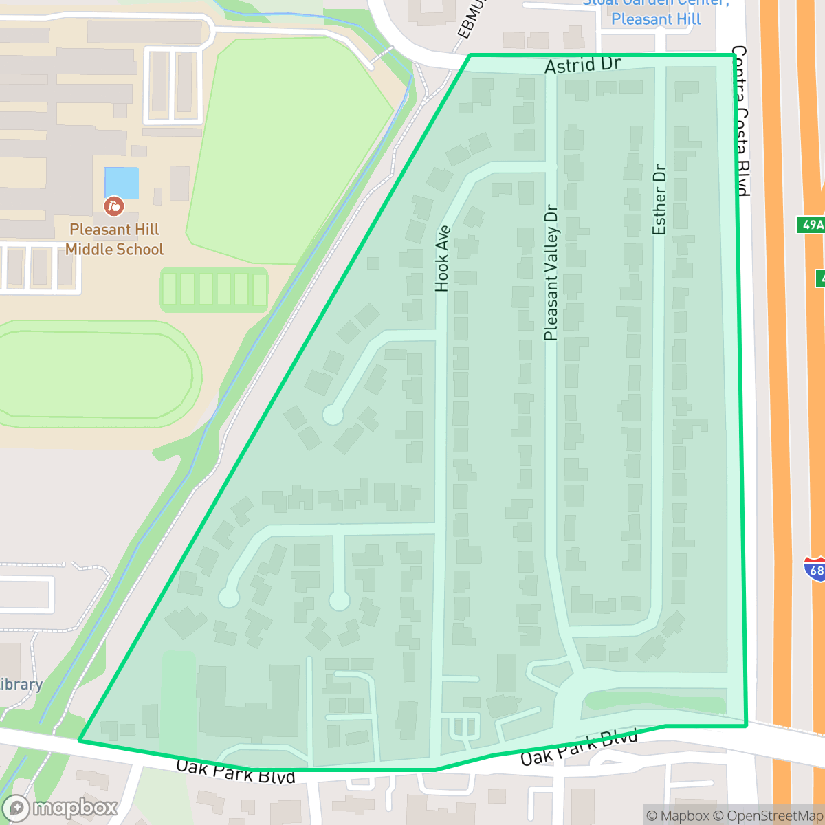 Map showing the location of Pleasant Valley, Pleasant Hill, CA