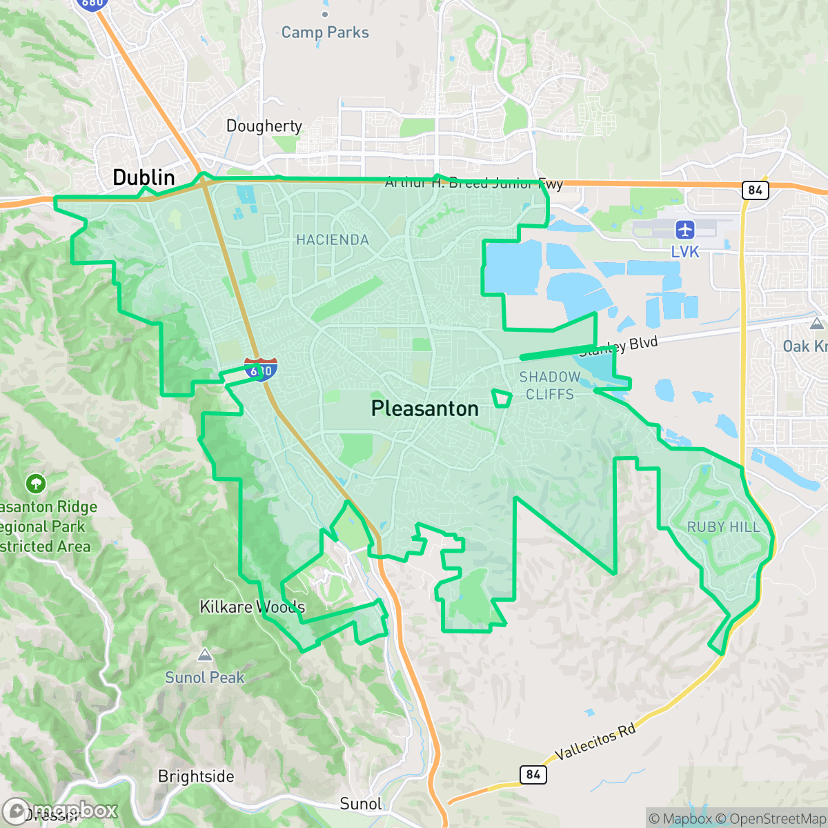 Map showing the location of Pleasanton, CA — coverage area
