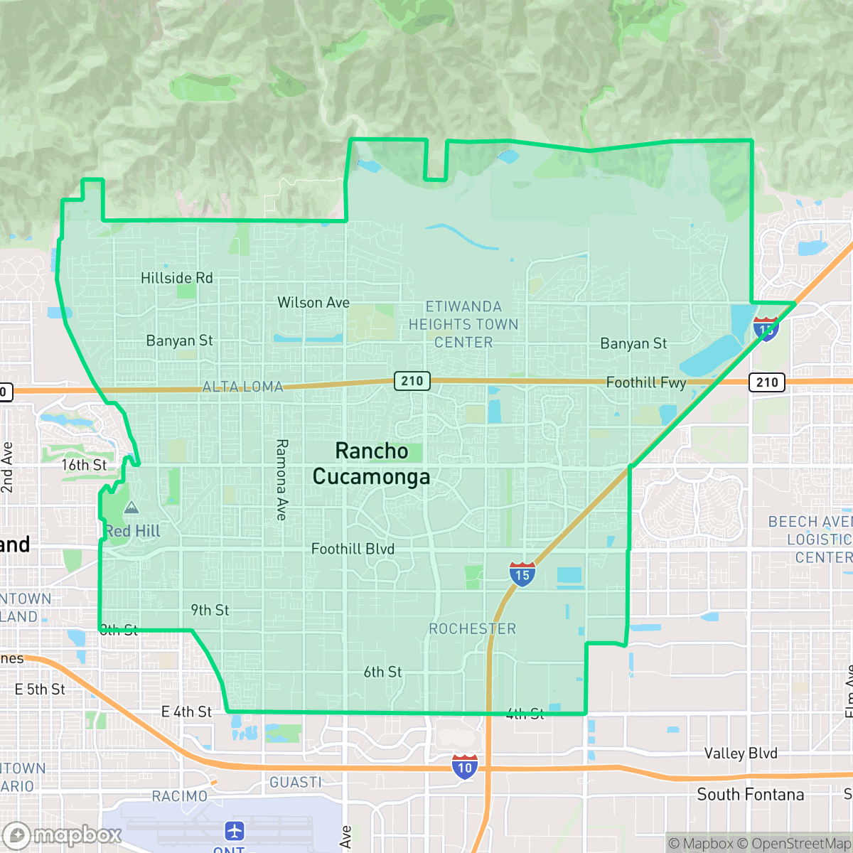 Map showing the location of Rancho Cucamonga, CA — coverage area