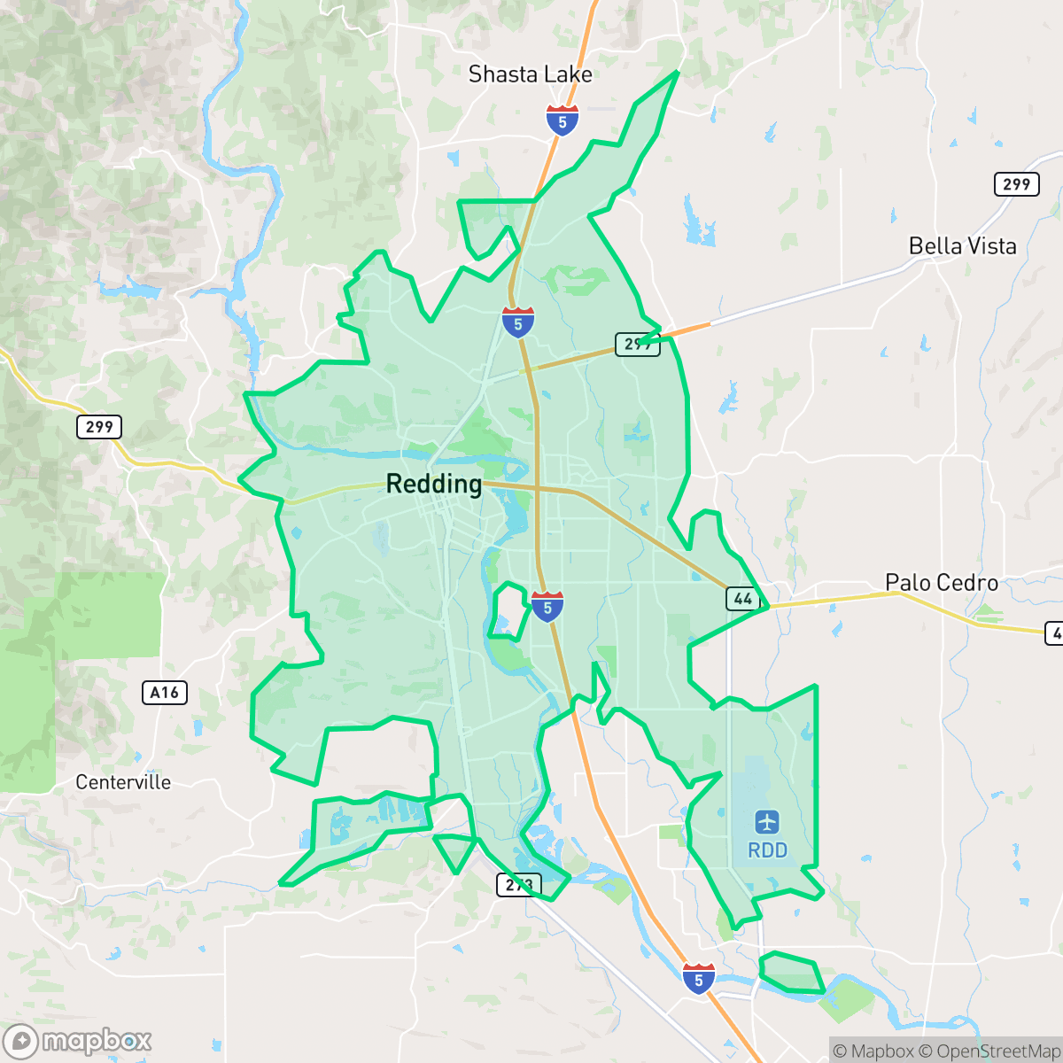 Map showing the location of Redding, CA — coverage area