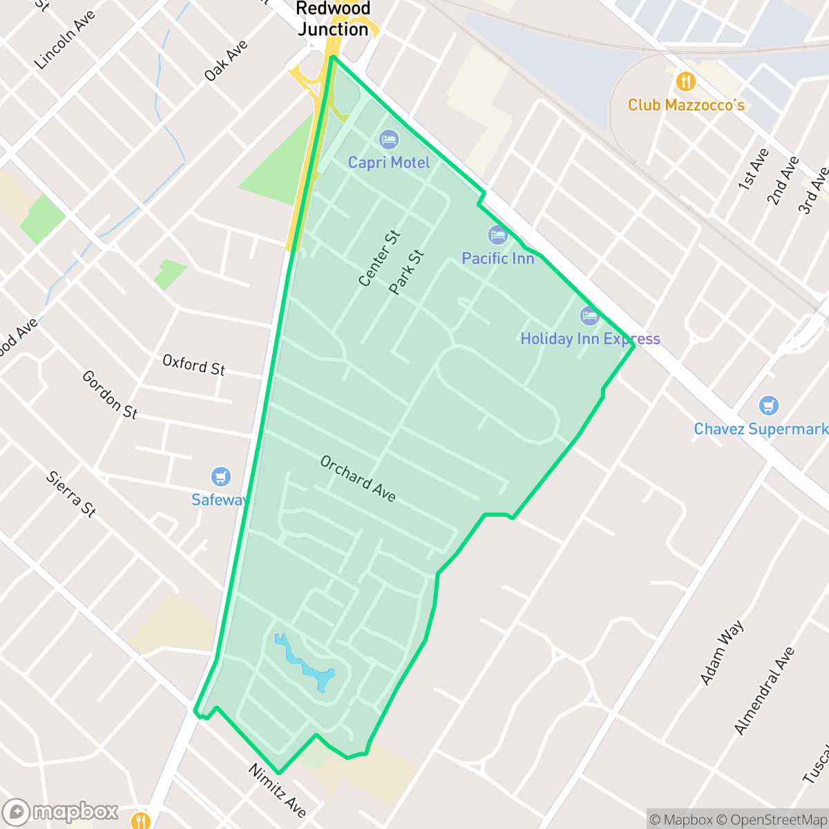 Map showing the location of Oakwood, Redwood City, CA
