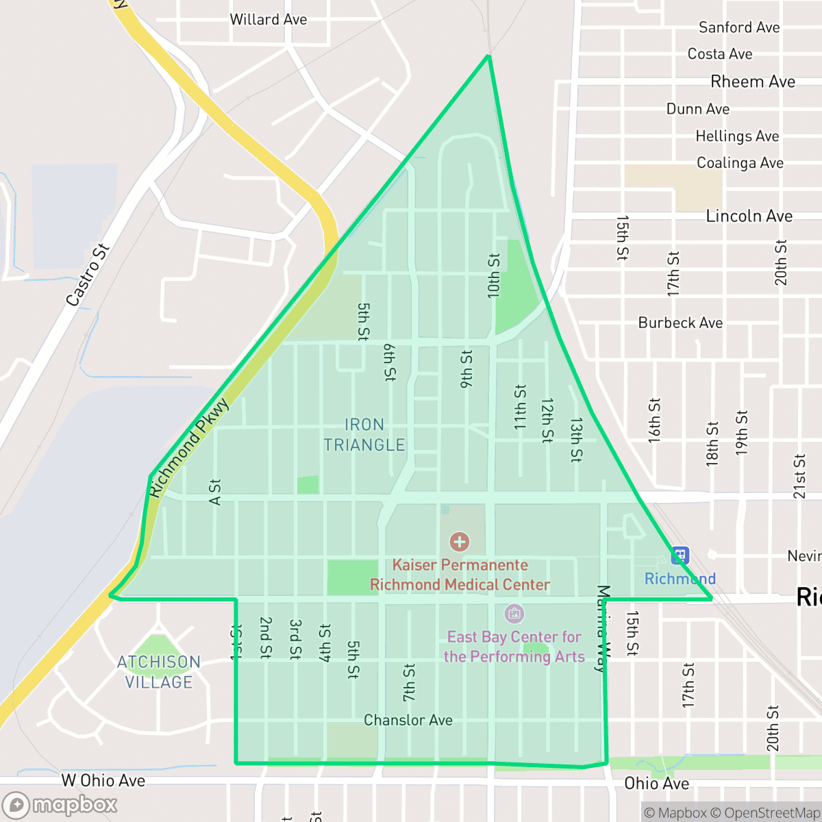 Map showing the location of Iron Triangle, Richmond, CA