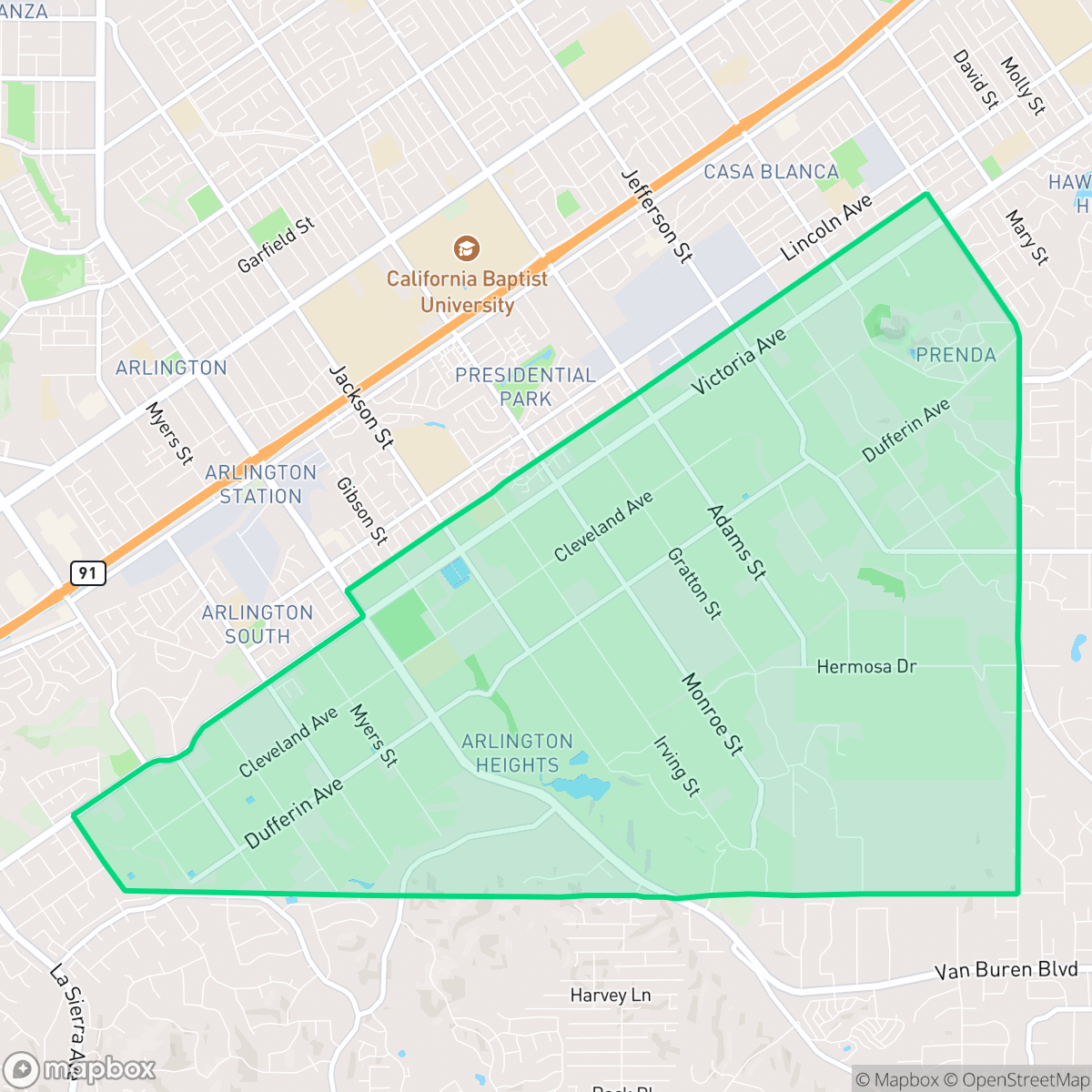 Map showing the location of Arlington Heights, Riverside, CA