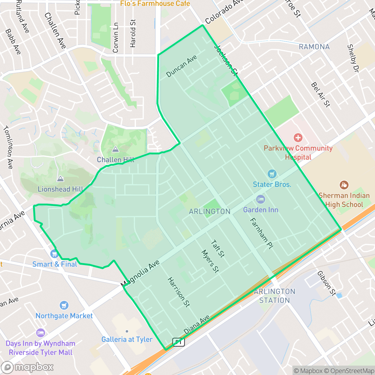 Map showing the location of Arlington, Riverside, CA