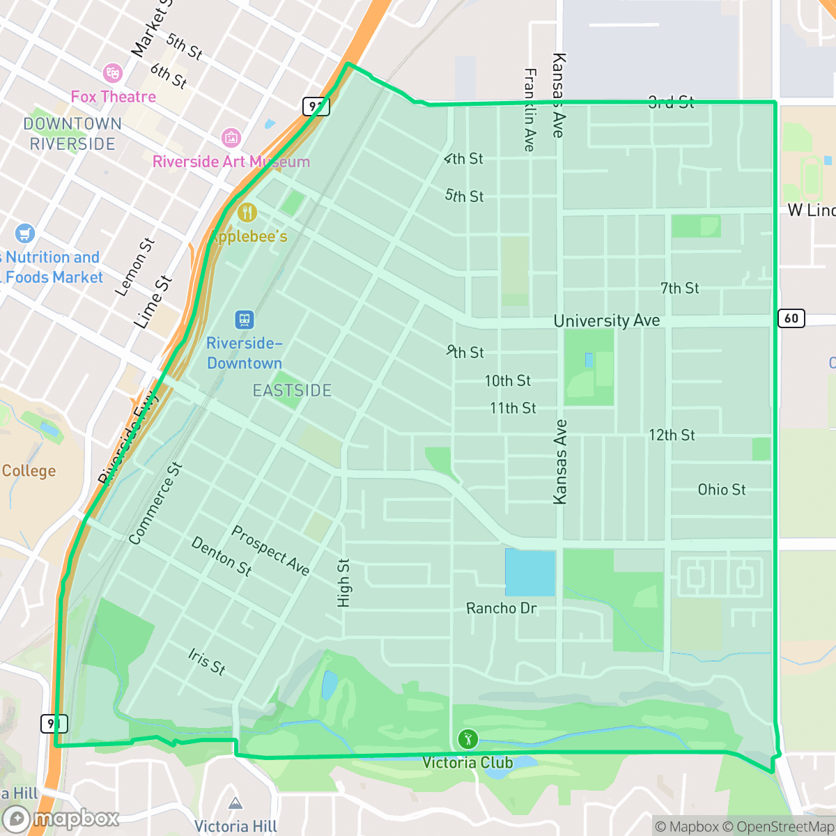 Map showing the location of Eastside, Riverside, CA