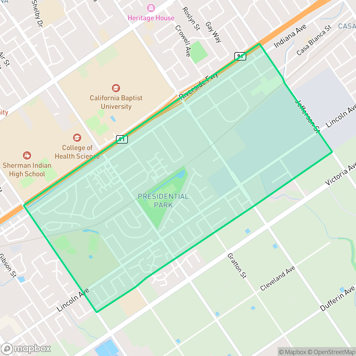 Map showing the location of Presidential Park, Riverside, CA