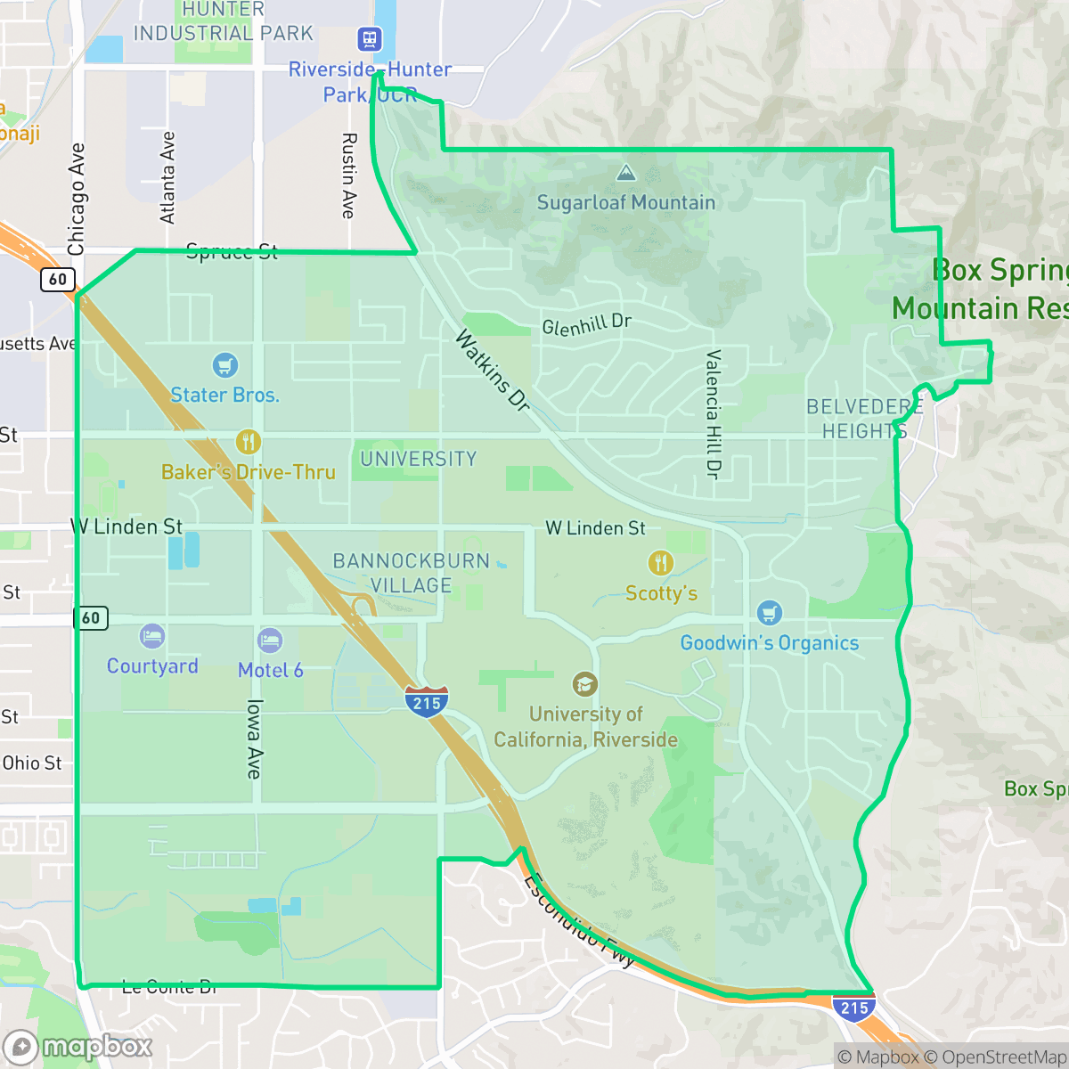 Map showing the location of University, Riverside, CA