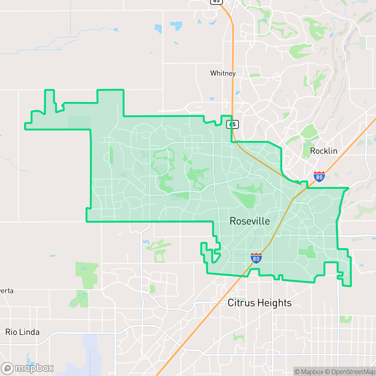 Map showing the location of Roseville, CA — coverage area