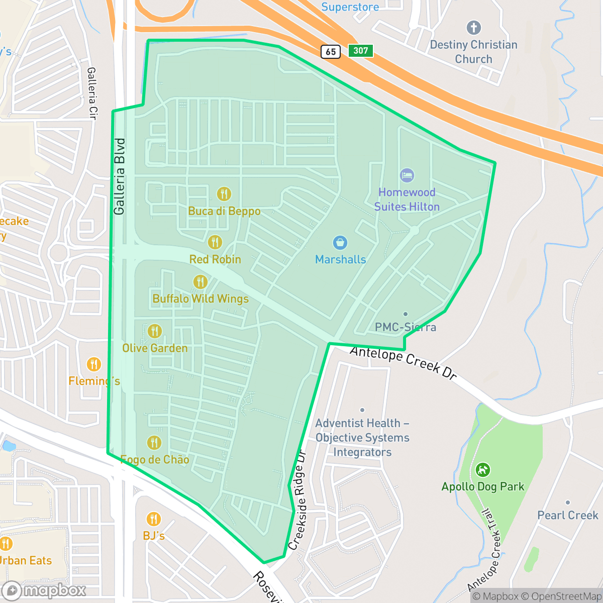 Map showing the location of Creekside, Roseville, CA