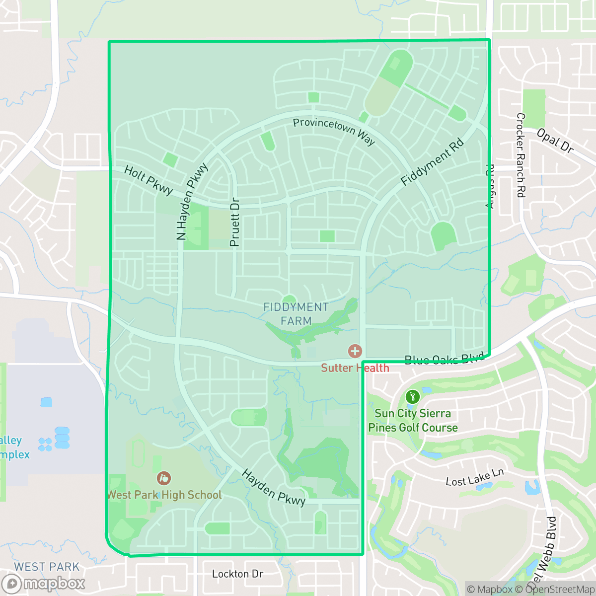 Map showing the location of Fiddyment Farm, Roseville, CA
