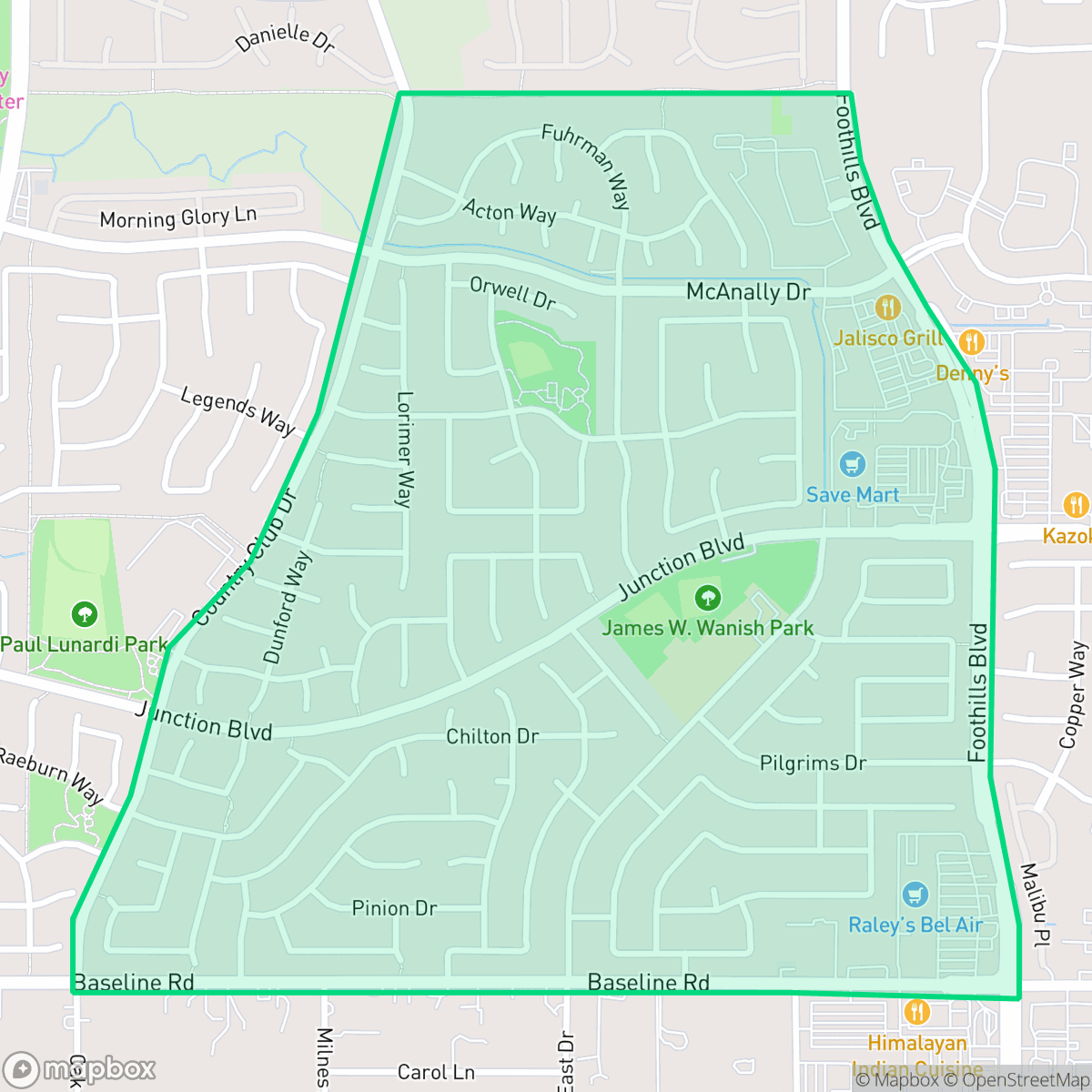 Map showing the location of Foothills Junction, Roseville, CA