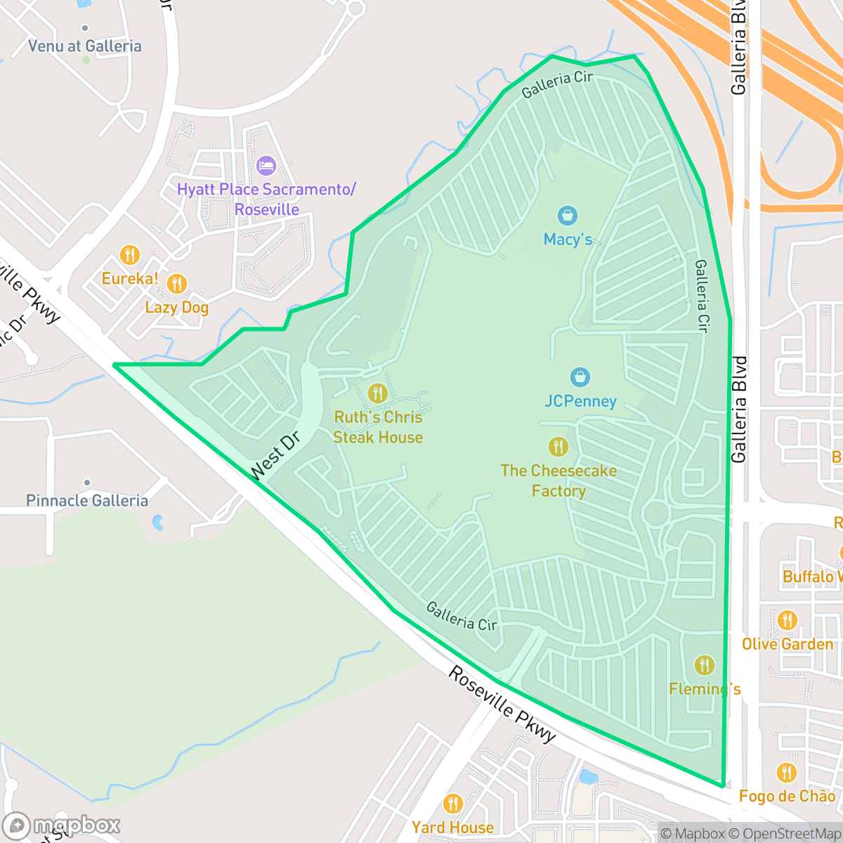 Map showing the location of Galleria, Roseville, CA