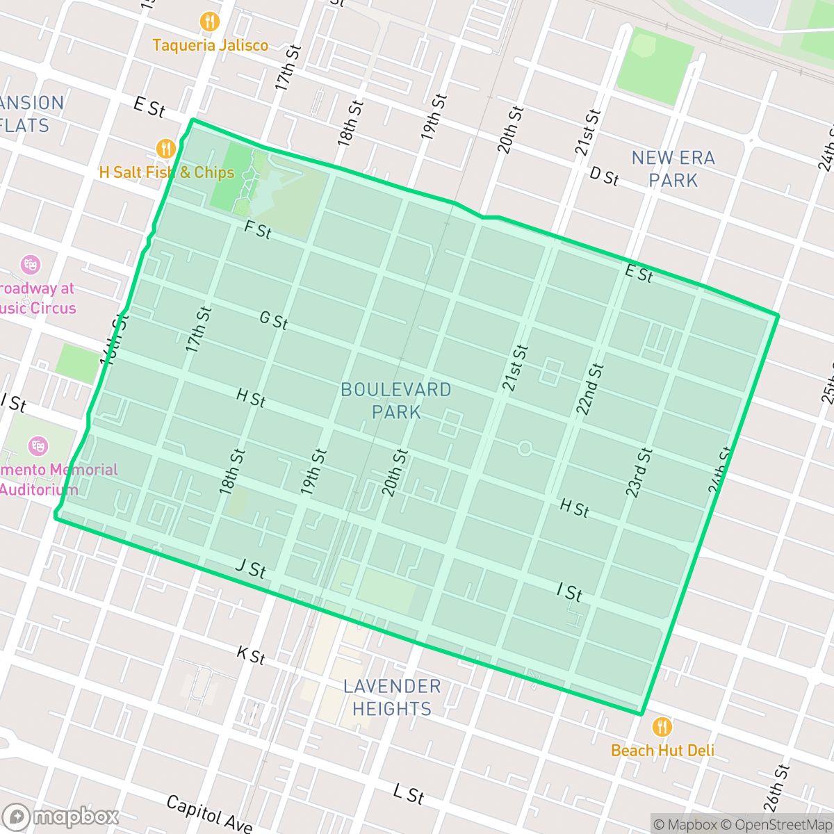Map showing the location of Boulevard Park, Sacramento, CA