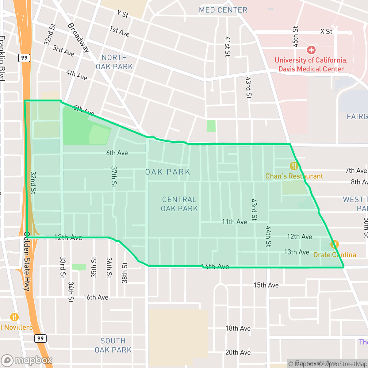 Map showing the location of Central Oak Park, Sacramento, CA