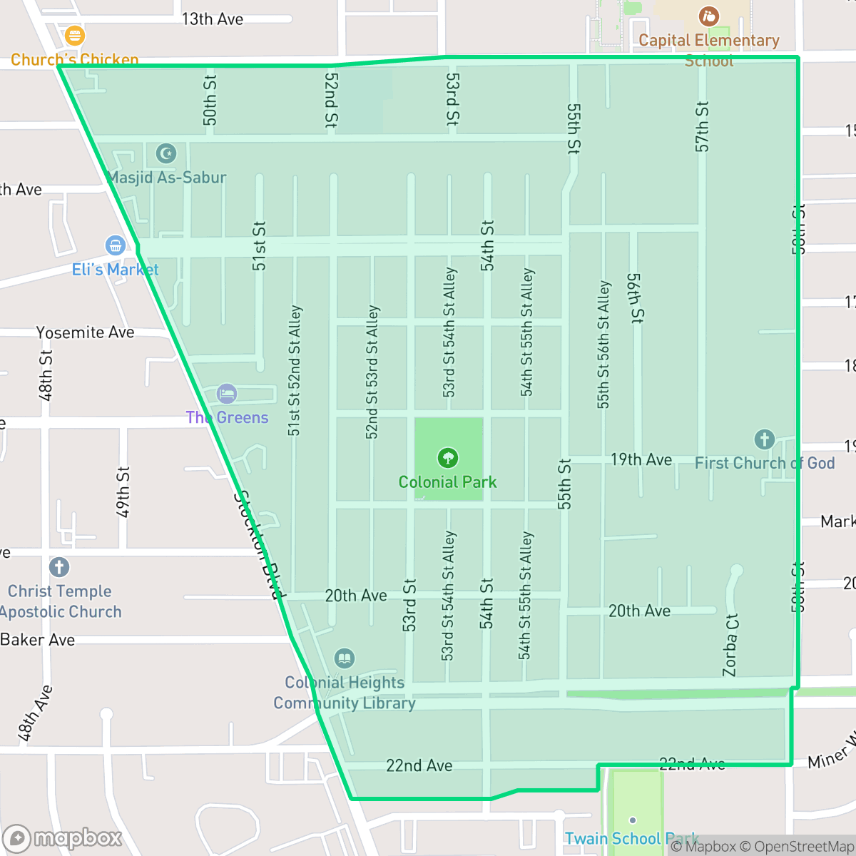 Map showing the location of Colonial Heights, Sacramento, CA