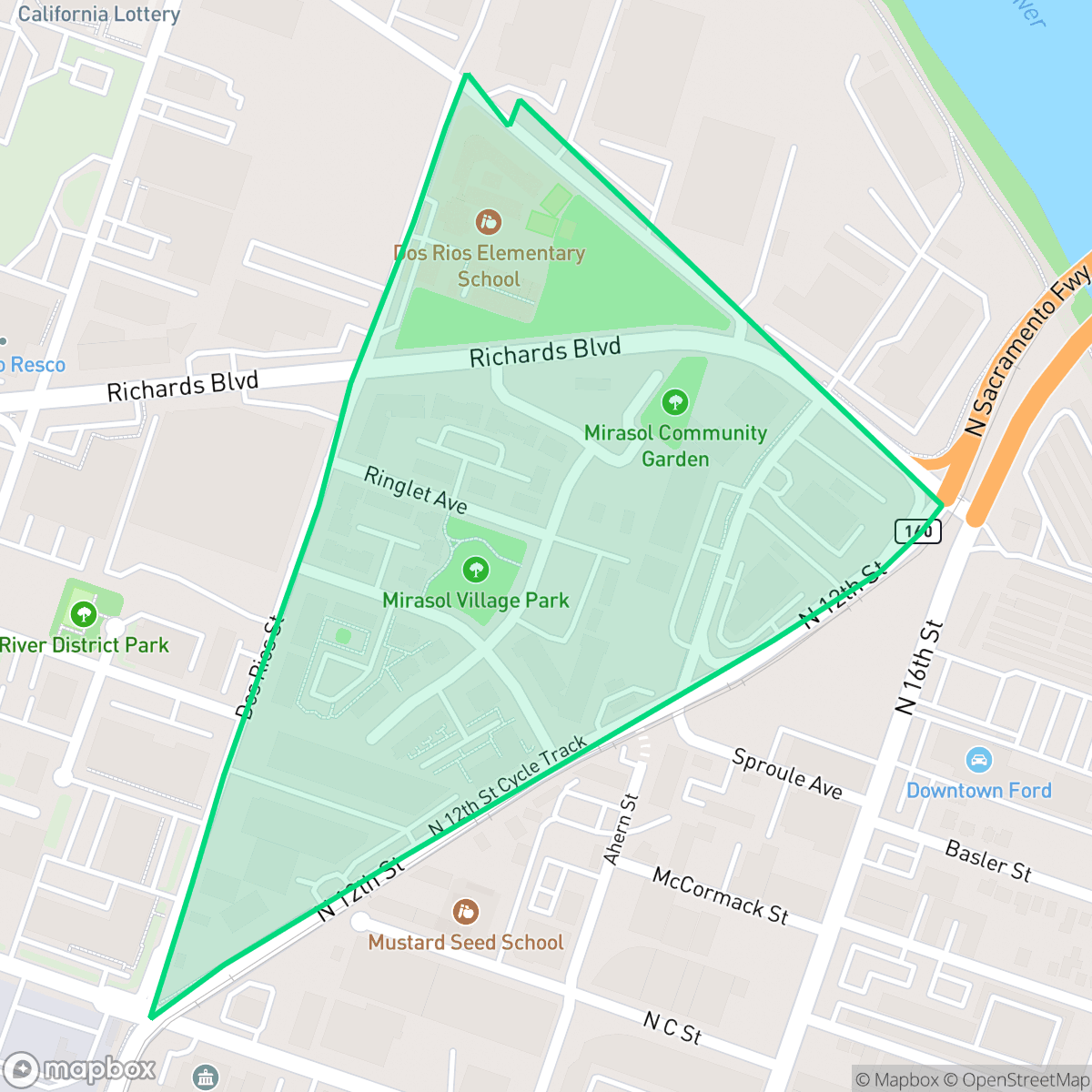 Map showing the location of Dos Rios Triangle, Sacramento, CA