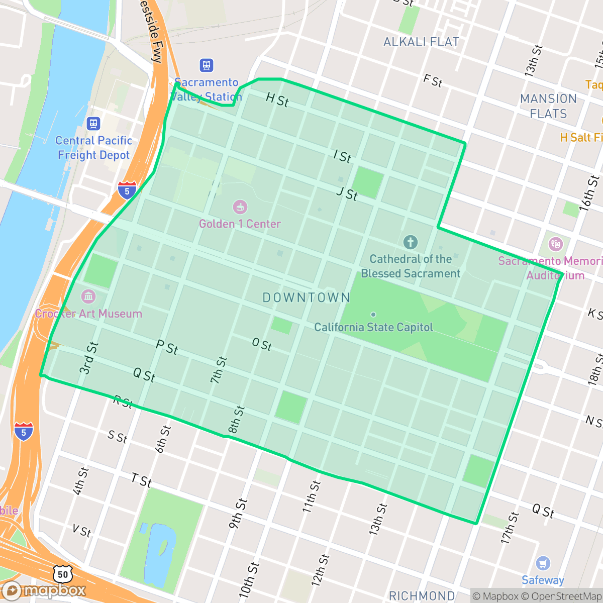 Map showing the location of Downtown, Sacramento, CA