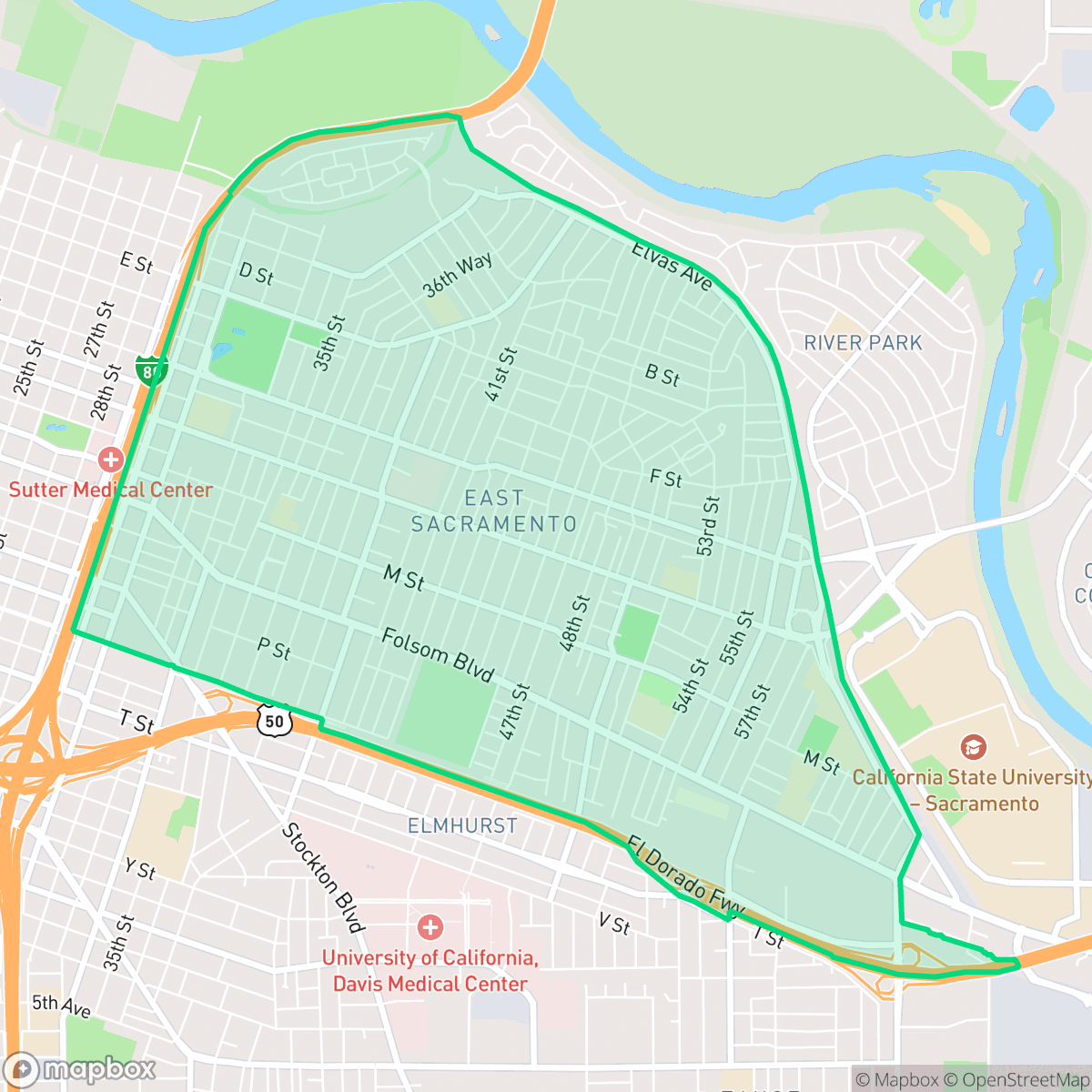Map showing the location of East Sacramento, Sacramento, CA