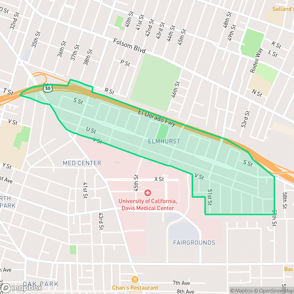 Map showing the location of Elmhurst, Sacramento, CA