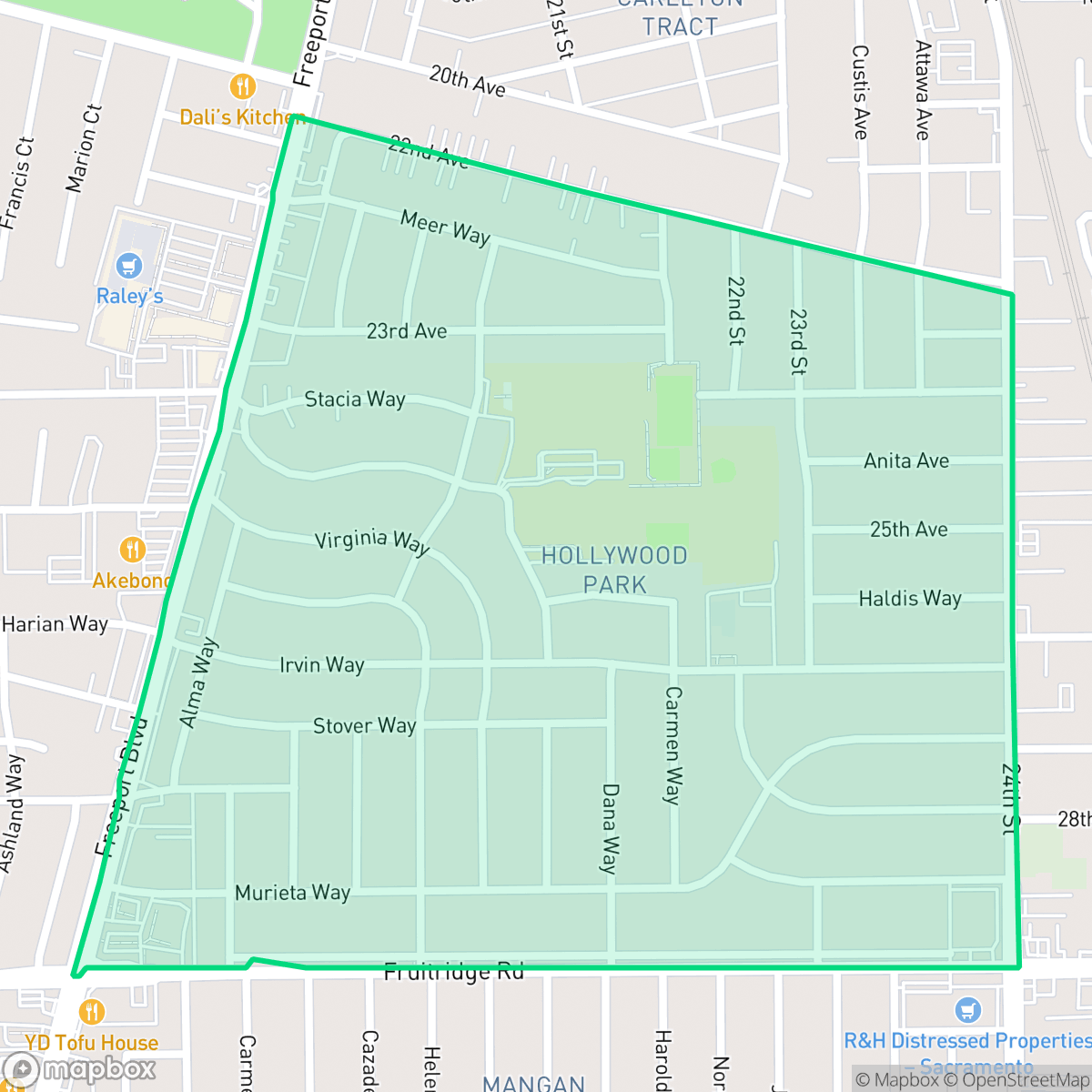 Map showing the location of Hollywood Park, Sacramento, CA