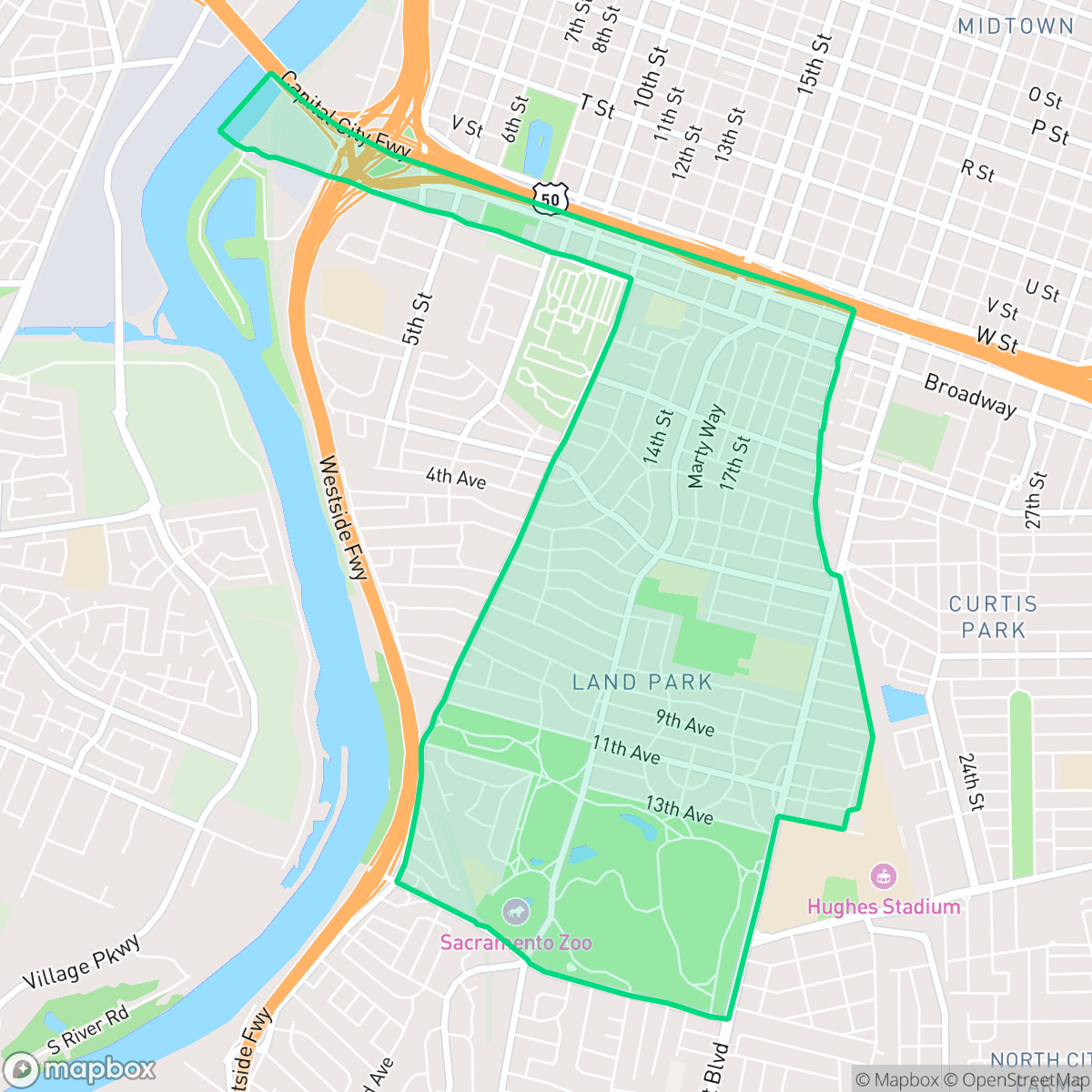 Map showing the location of Land Park, Sacramento, CA