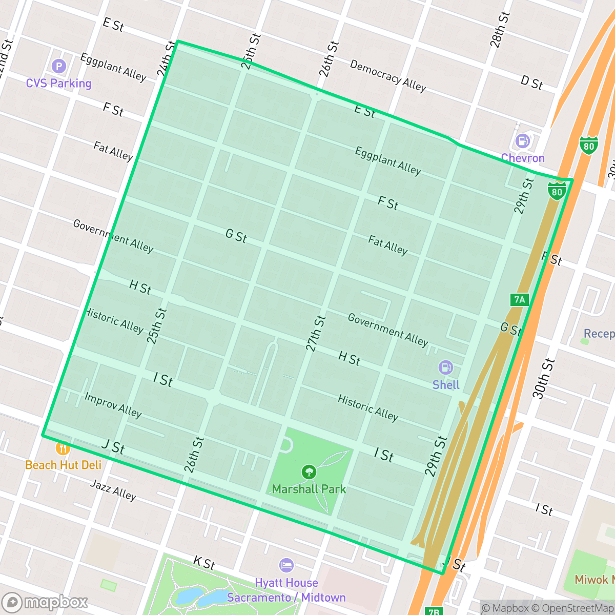 Map showing the location of Marshall School, Sacramento, CA