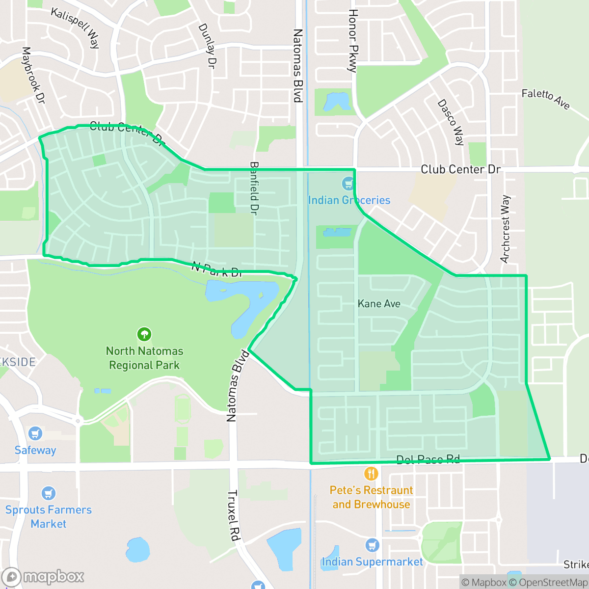 Map showing the location of Natomas Park, Sacramento, CA