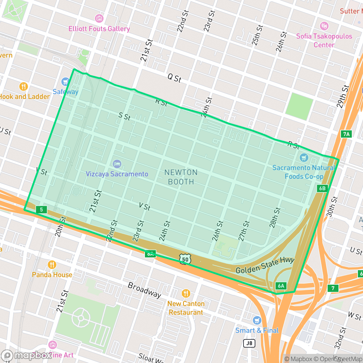 Map showing the location of Newton Booth, Sacramento, CA