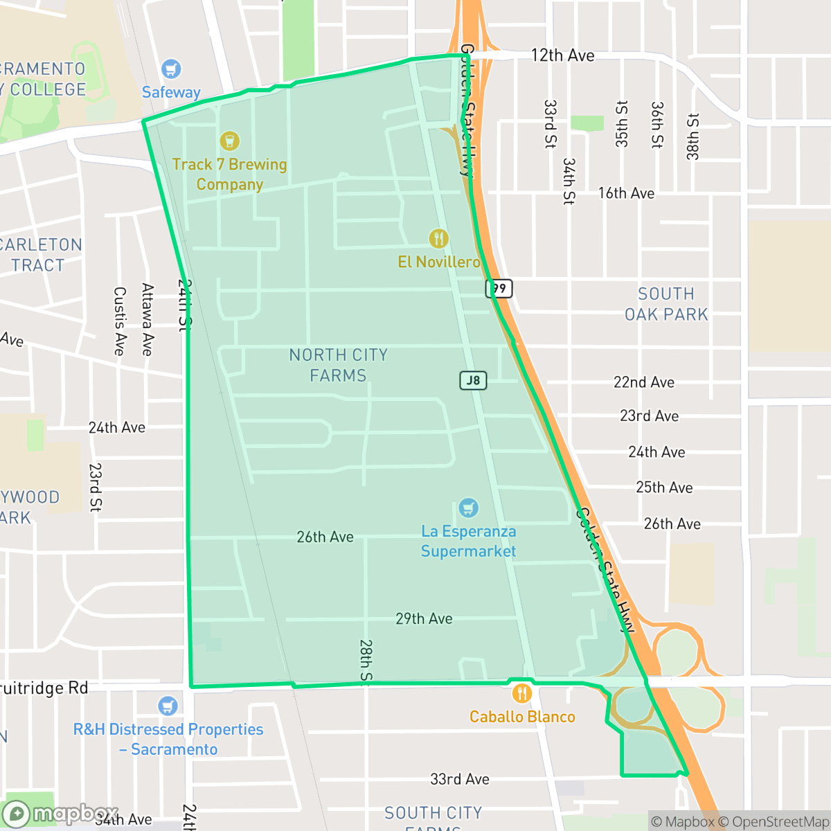 Map showing the location of North City Farms, Sacramento, CA