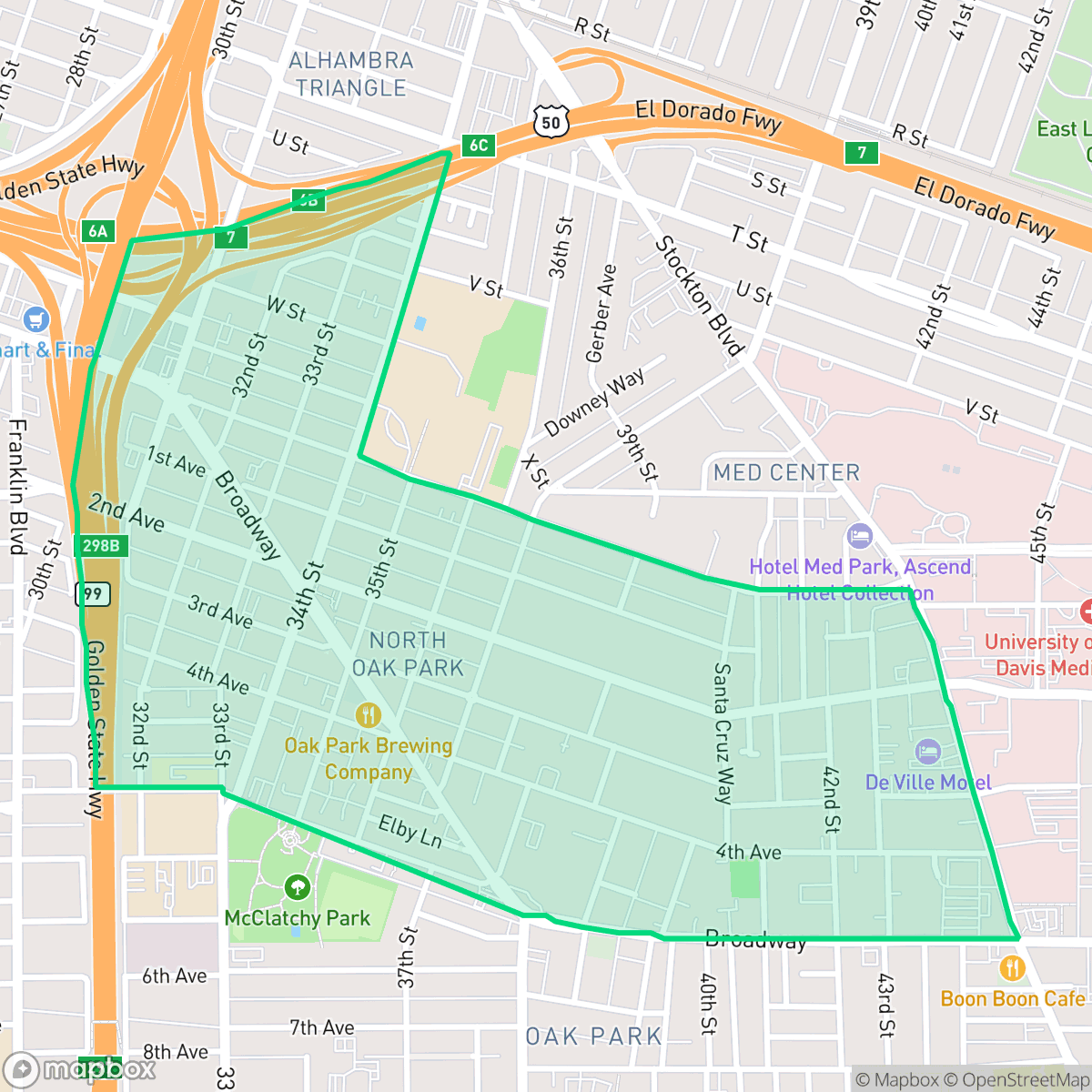 Map showing the location of North Oak Park, Sacramento, CA