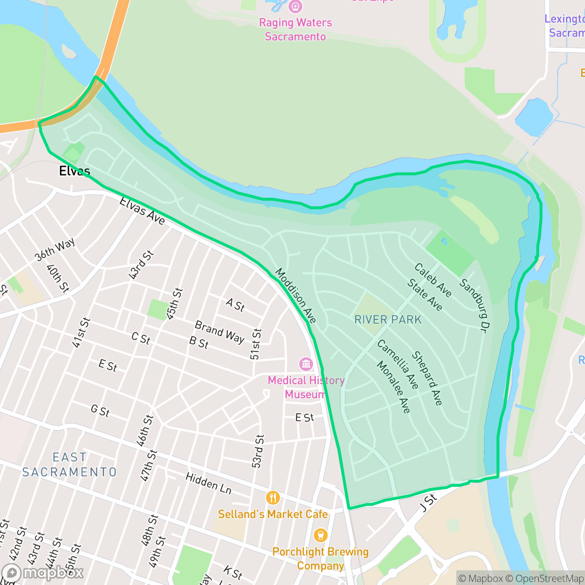 Map showing the location of River Park, Sacramento, CA