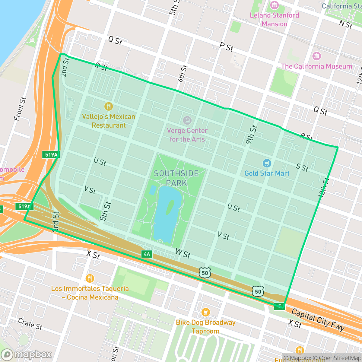 Map showing the location of Southside Park, Sacramento, CA