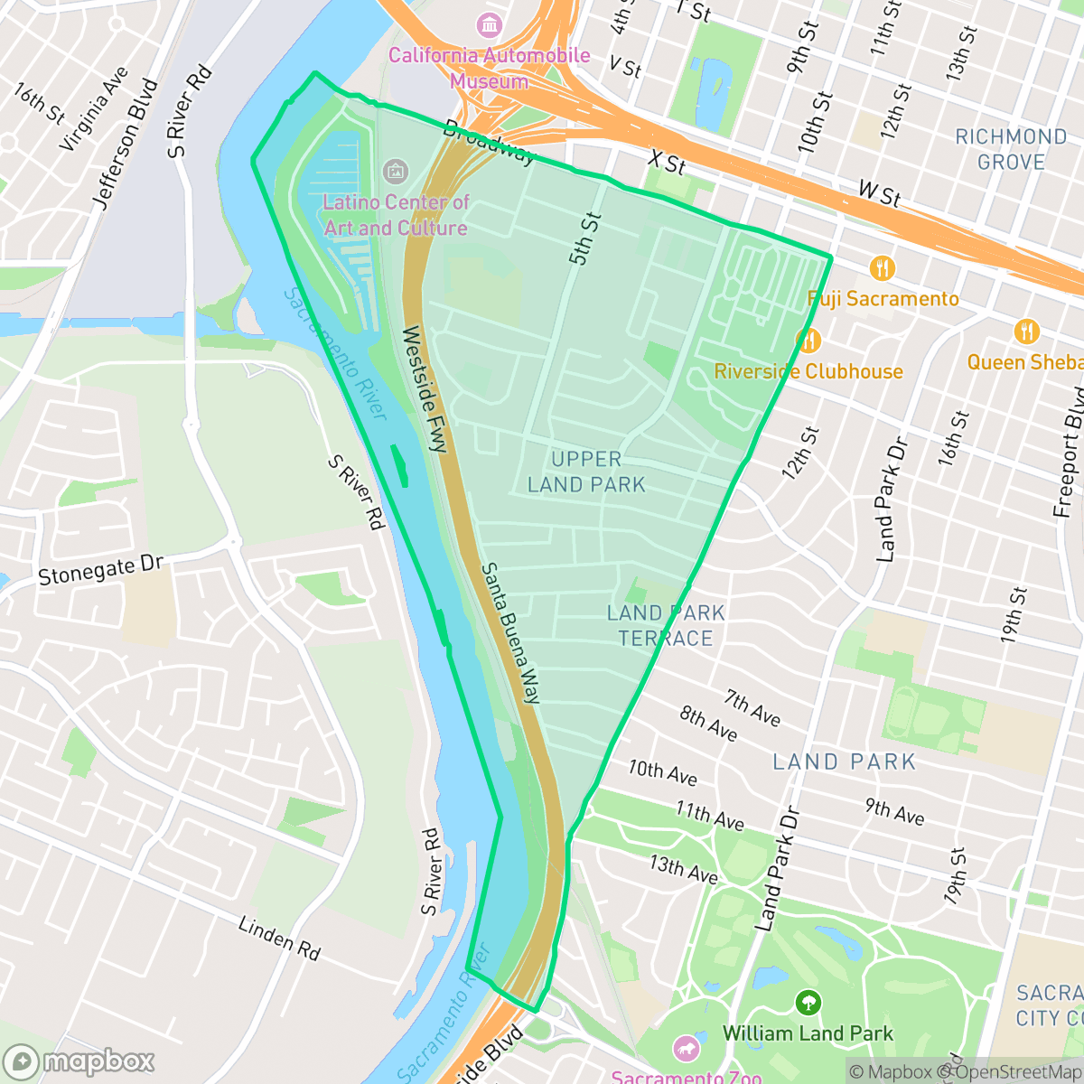 Map showing the location of Upper Land Park, Sacramento, CA