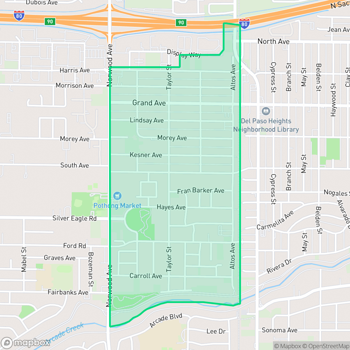 Map showing the location of West Del Paso Heights, Sacramento, CA