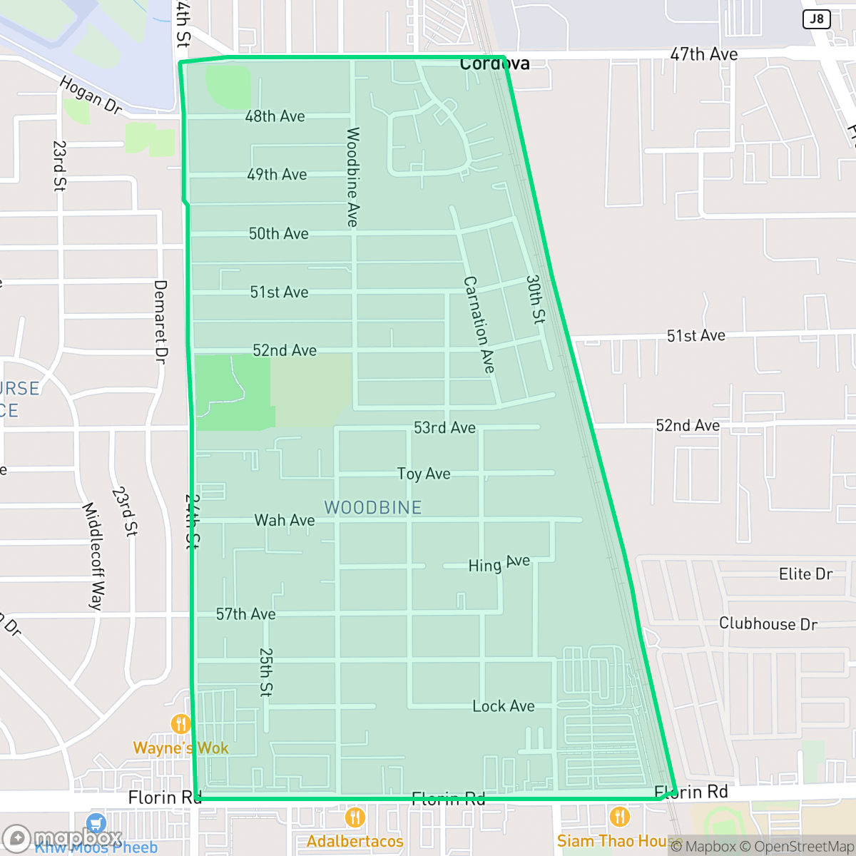 Map showing the location of Woodbine, Sacramento, CA