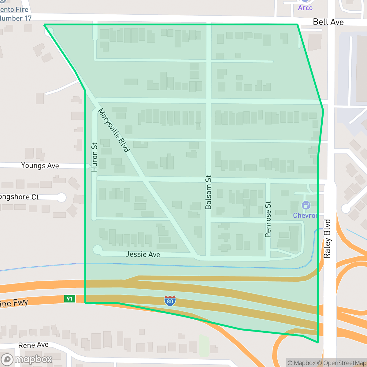 Map showing the location of Young Heights, Sacramento, CA