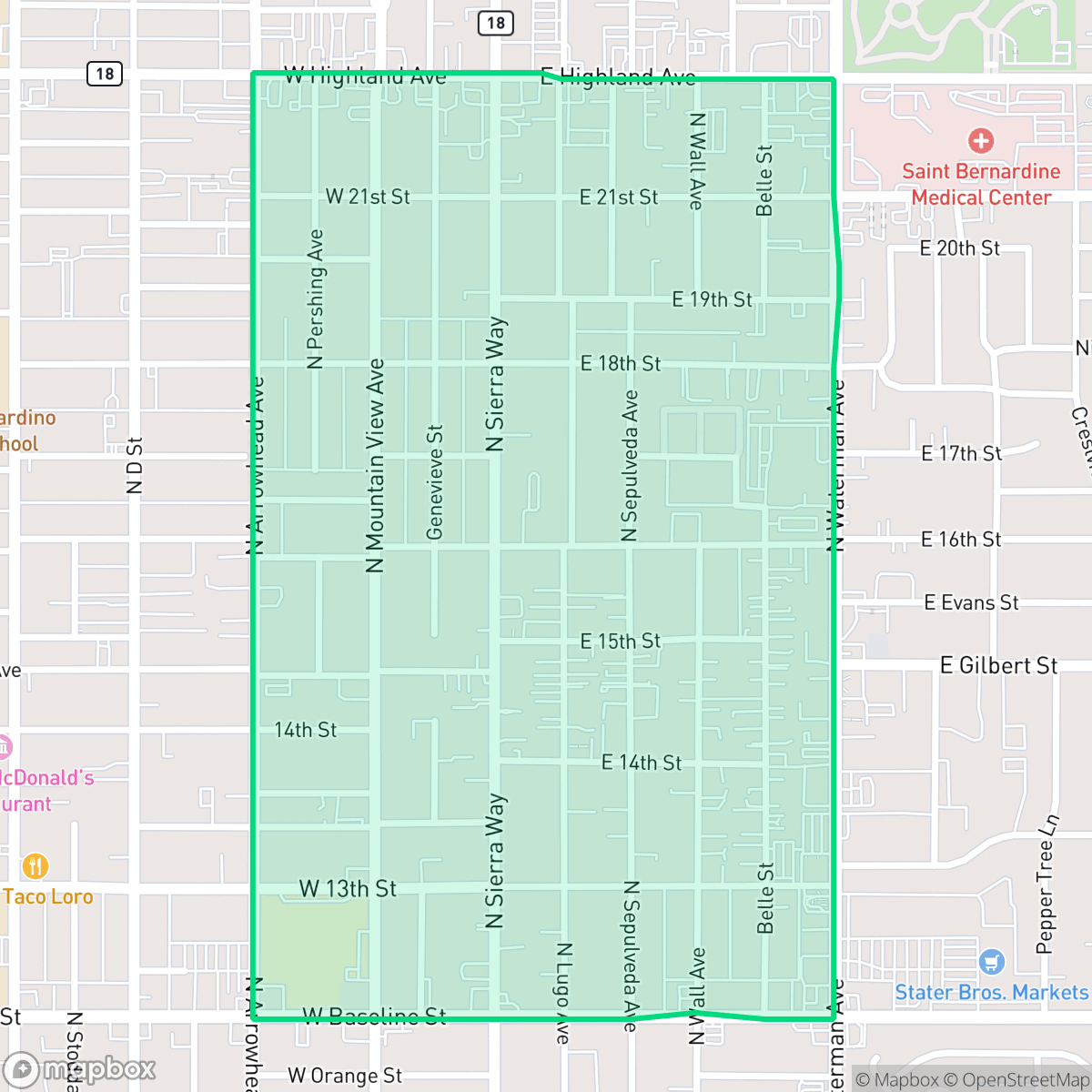 Map showing the location of DMV, San Bernardino, CA