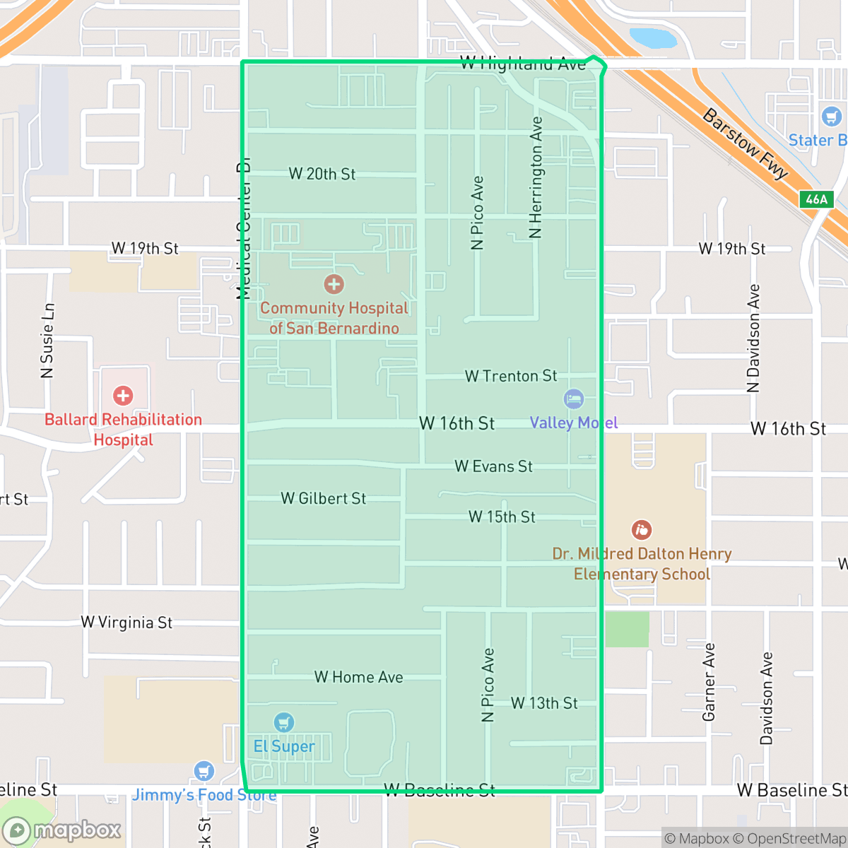 Map showing the location of Mount Vernon, San Bernardino, CA