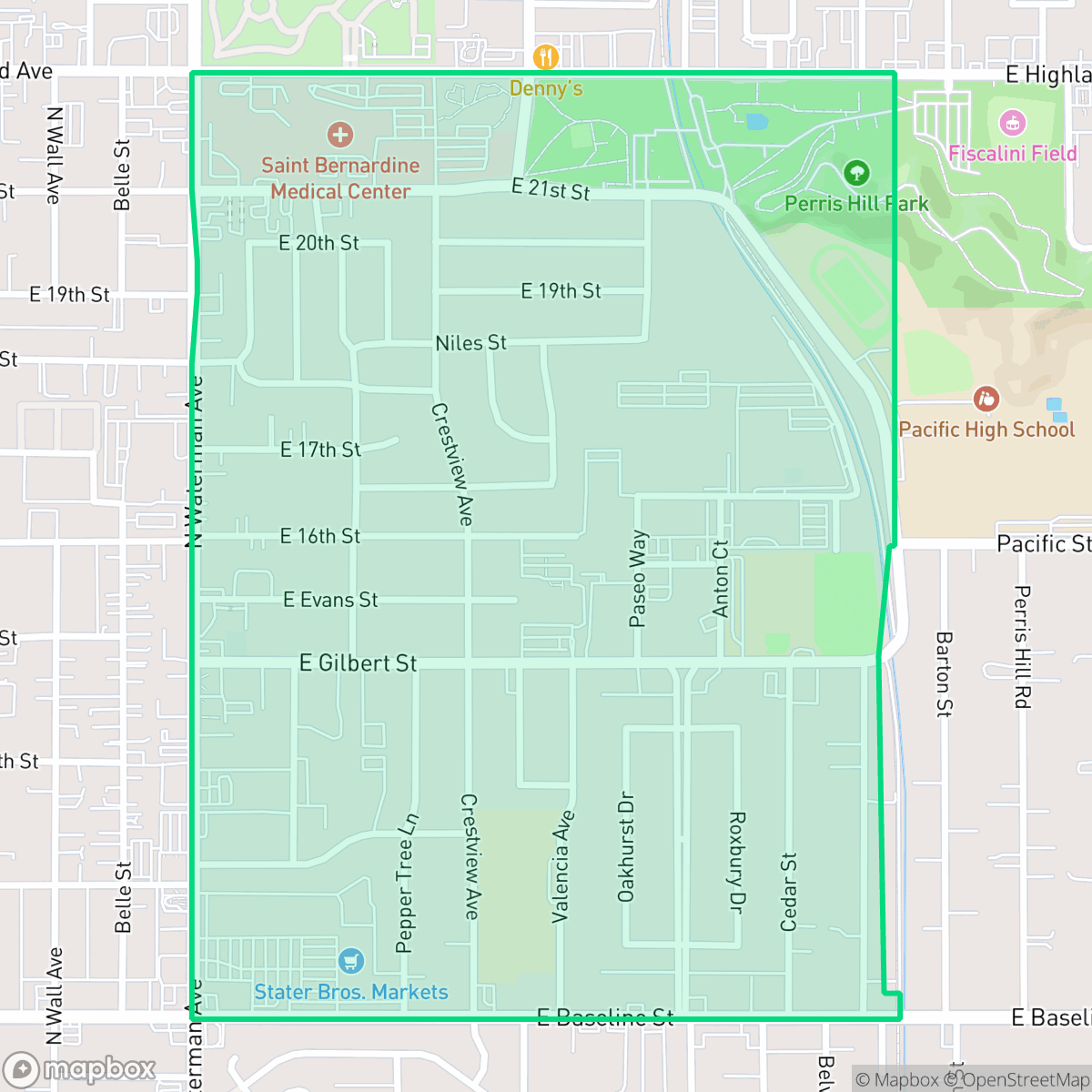 Map showing the location of Perris Hills, San Bernardino, CA