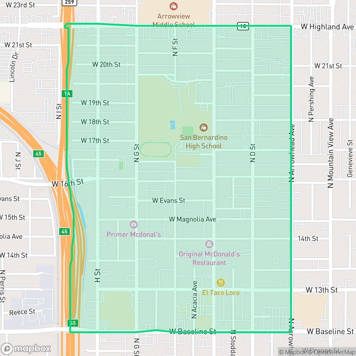 Map showing the location of SBHS, San Bernardino, CA