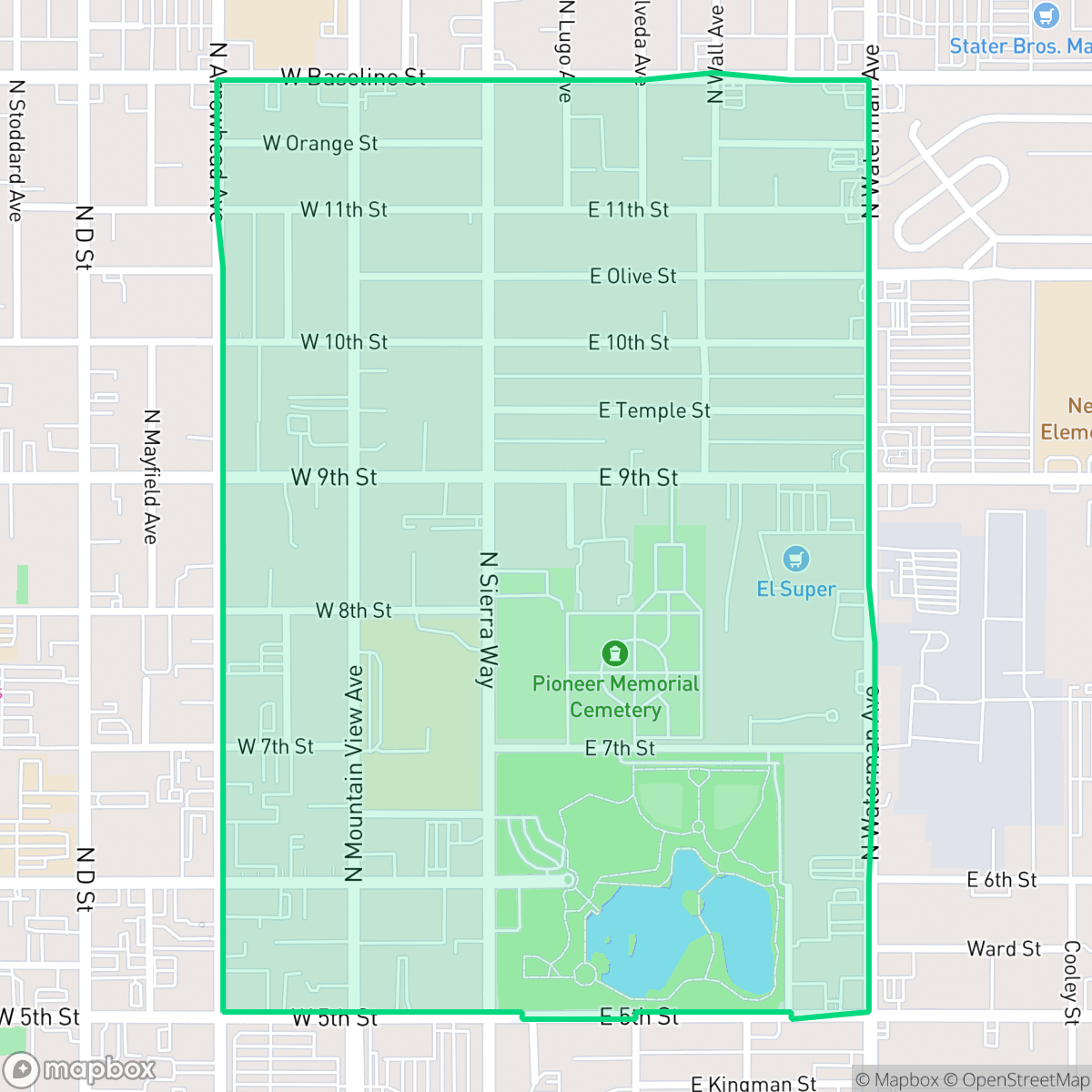 Map showing the location of Seccombe Lane, San Bernardino, CA