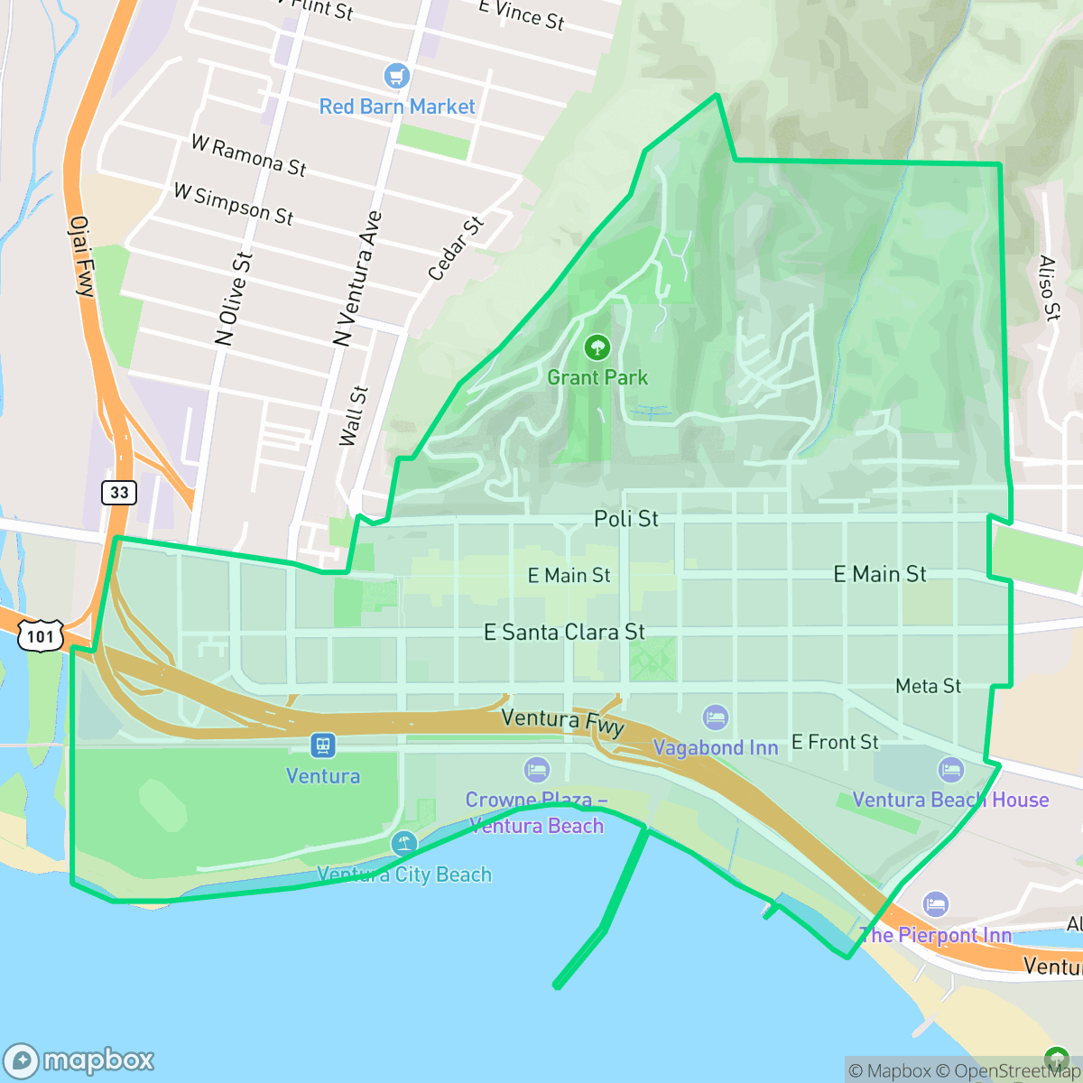 Map showing the location of Downtown, San Buenaventura (Ventura), CA