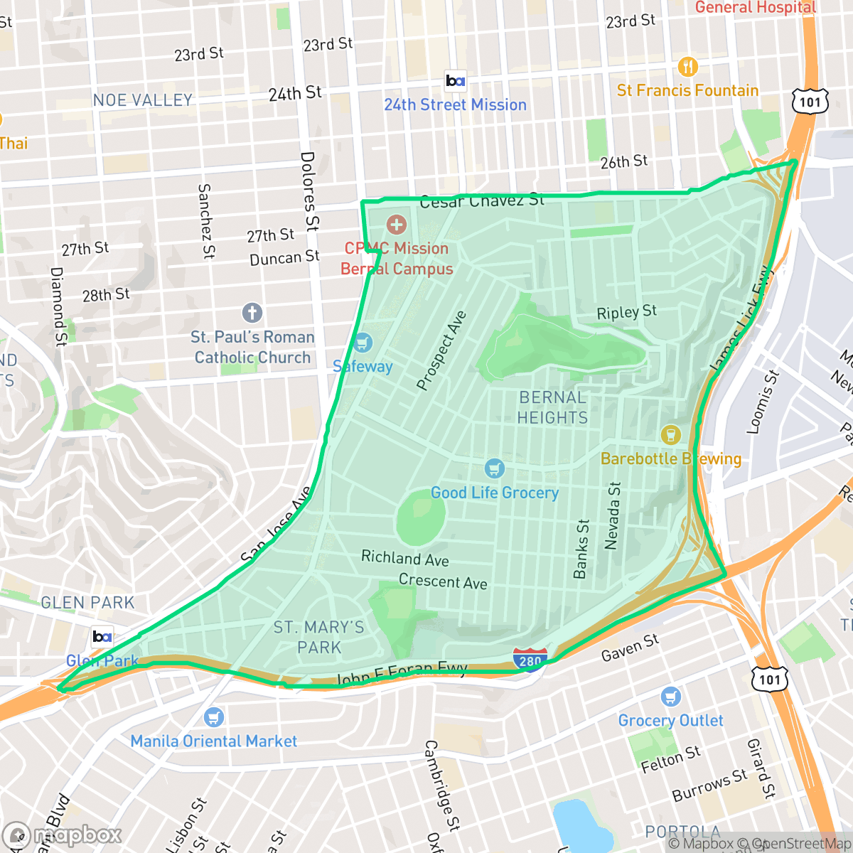 Map showing the location of Bernal Heights, San Francisco, CA