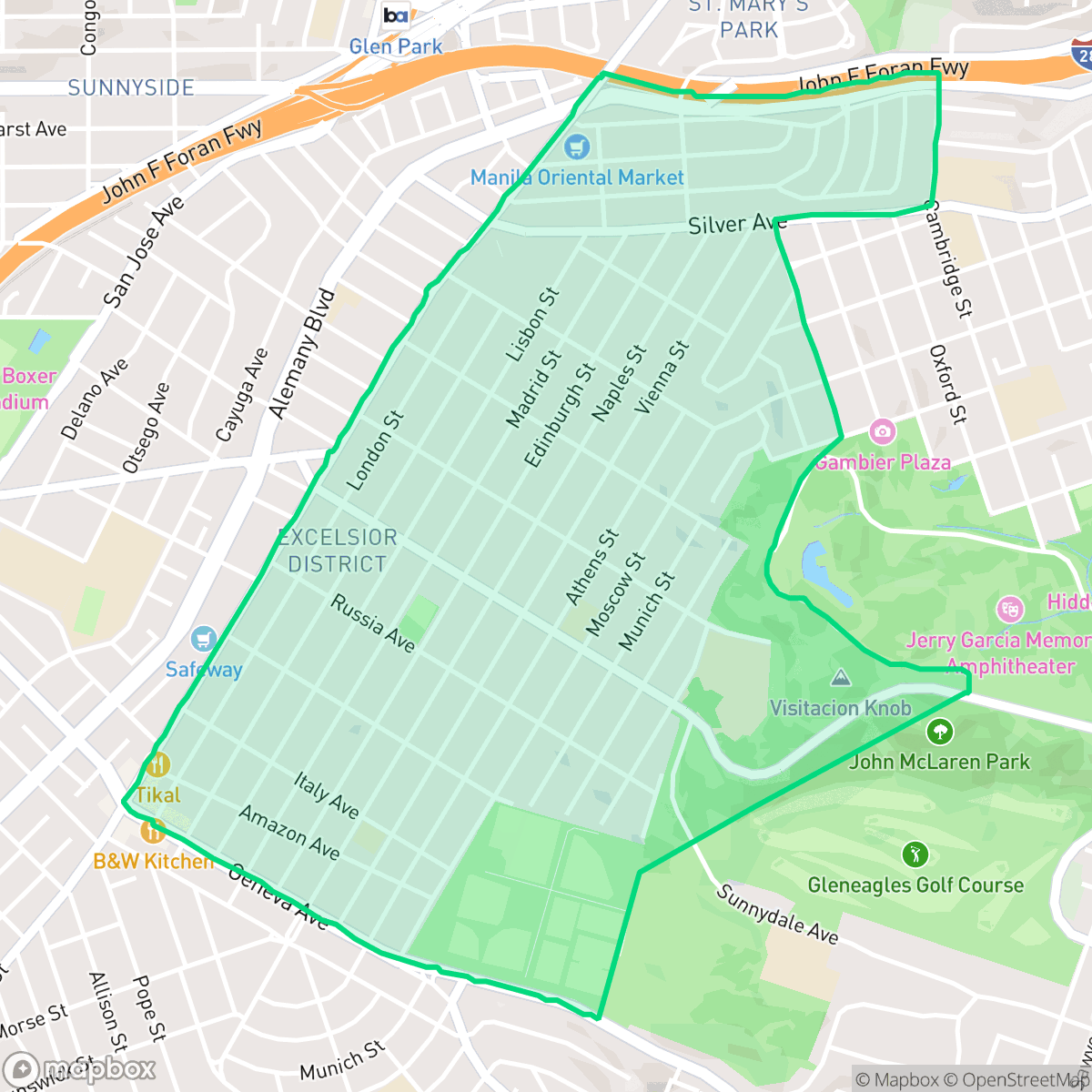 Map showing the location of Excelsior, San Francisco, CA