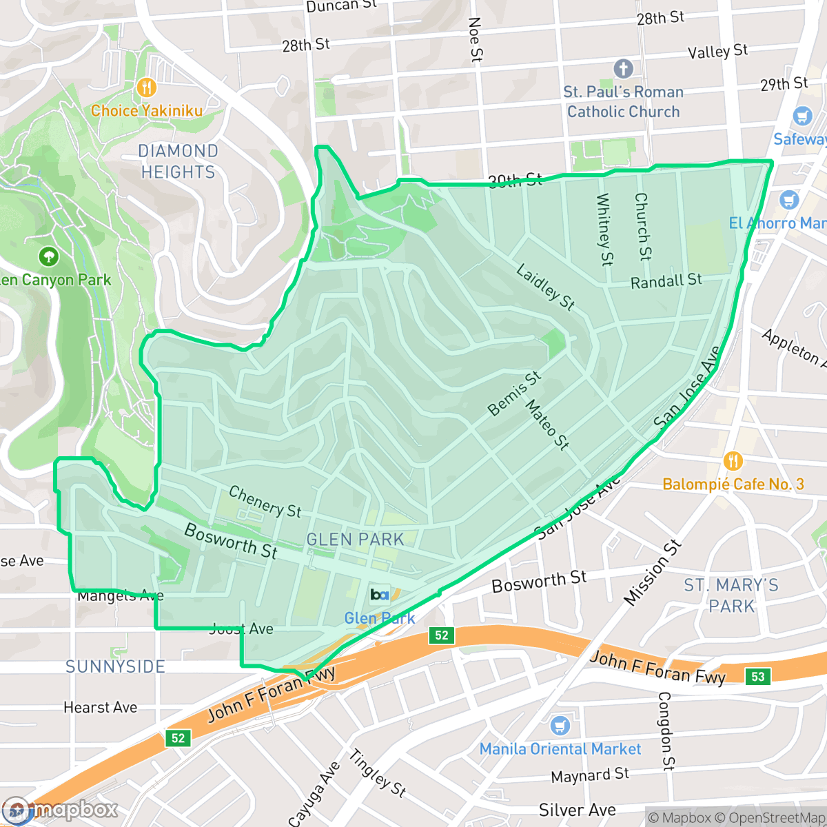 Map showing the location of Glen Park, San Francisco, CA