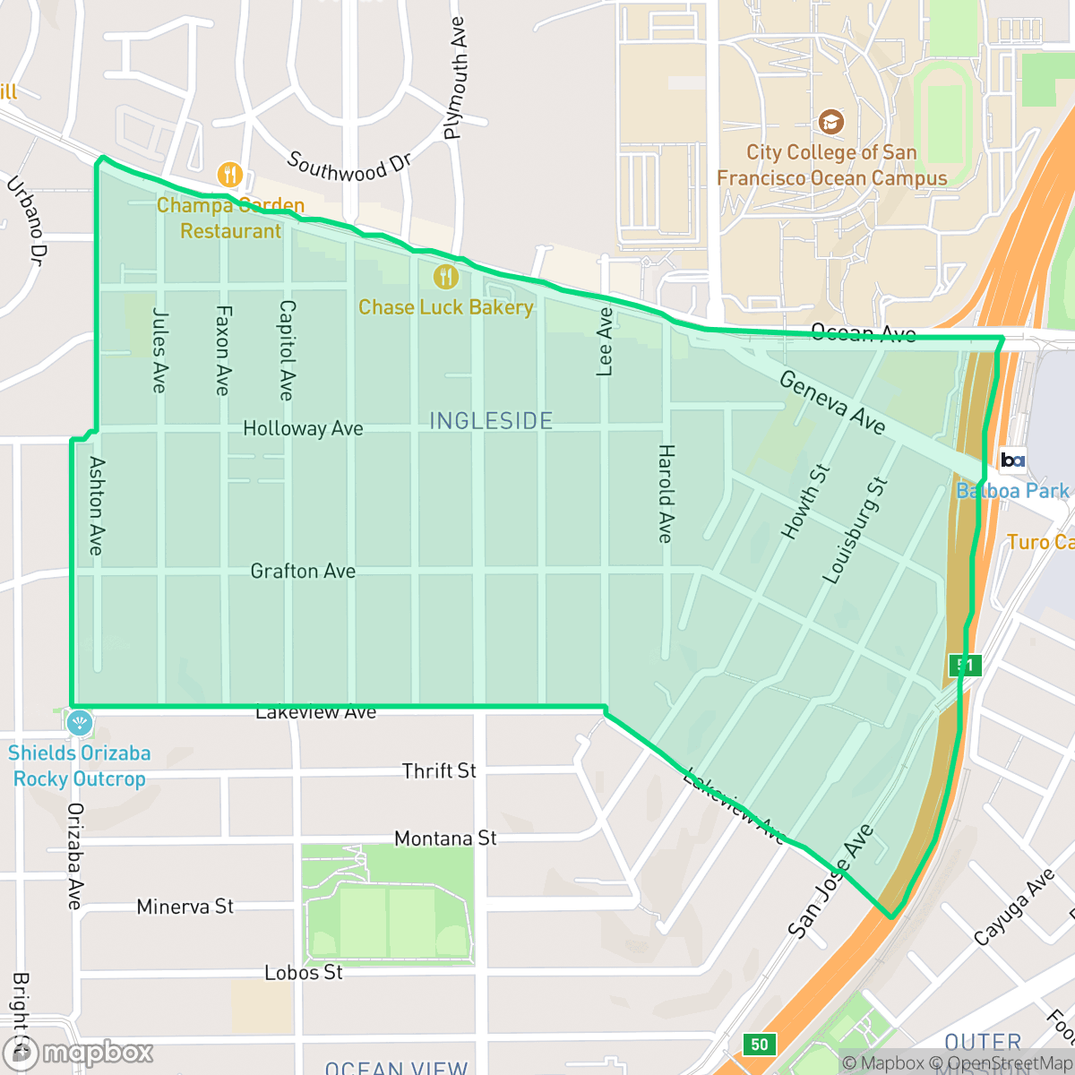Map showing the location of Ingleside, San Francisco, CA